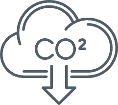 Icon mit dem Wort CO2 in einer Wolke, darunter ein Pfeil als Symbol für Emissionsreduktion.