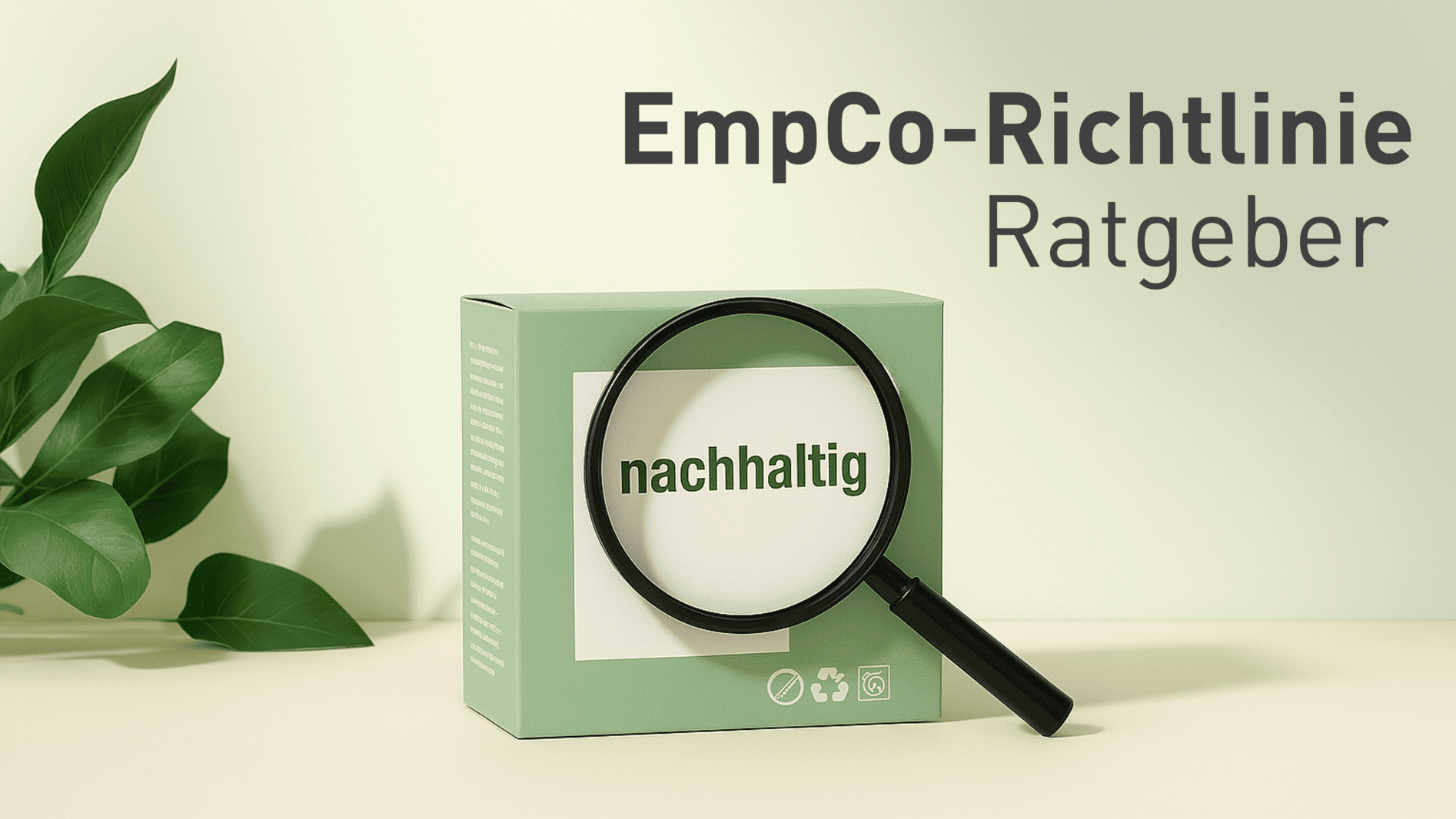 Titelbild zum EmpCo-Richtlinie-Ratgeber: Verpackung mit dem Begriff „nachhaltig" unter einer Lupe, Symbol für die Prüfung von Umwelt- und Nachhaltigkeitsaussagen.