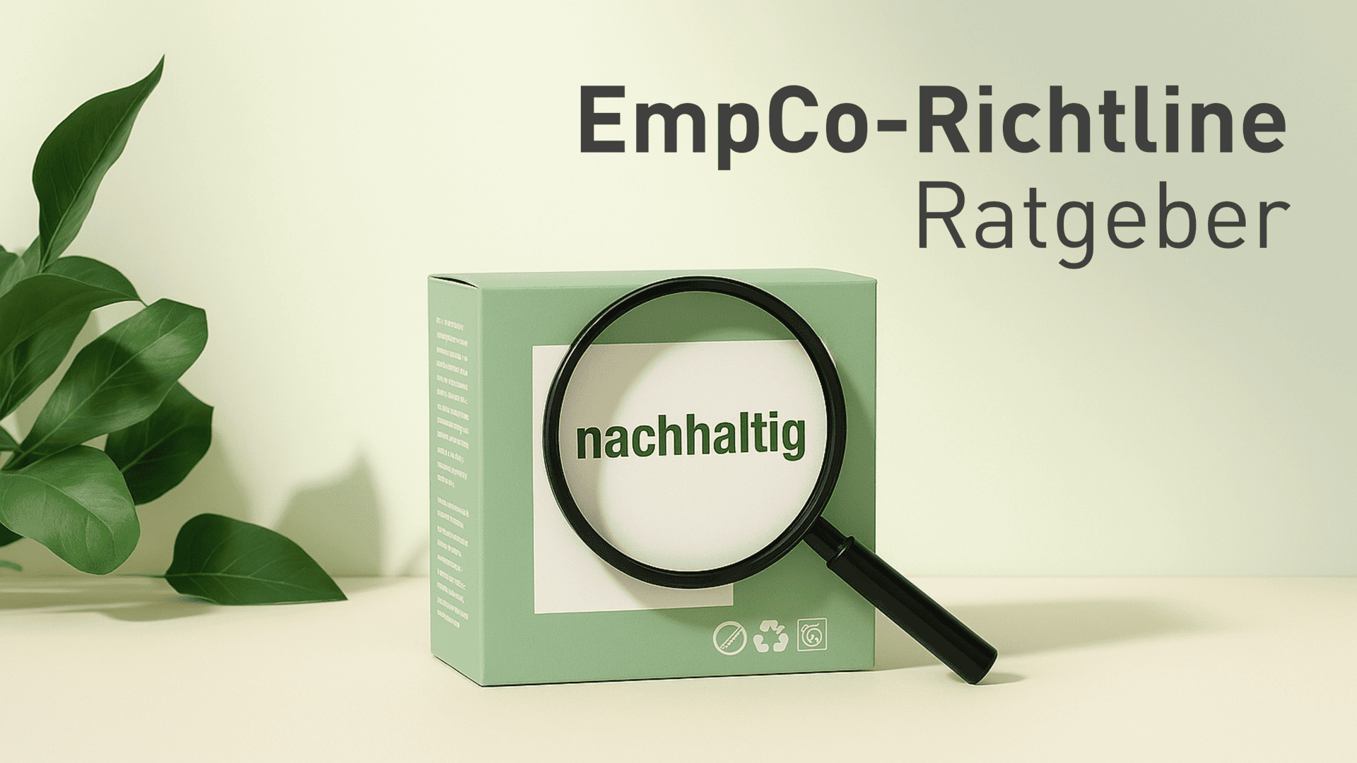 Titelbild zum EmpCo‑Ratgeber: Verpackung mit dem Begriff ‚nachhaltig‘ unter einer Lupe – Symbol für die Prüfung von Umwelt‑ und Nachhaltigkeitsaussagen.