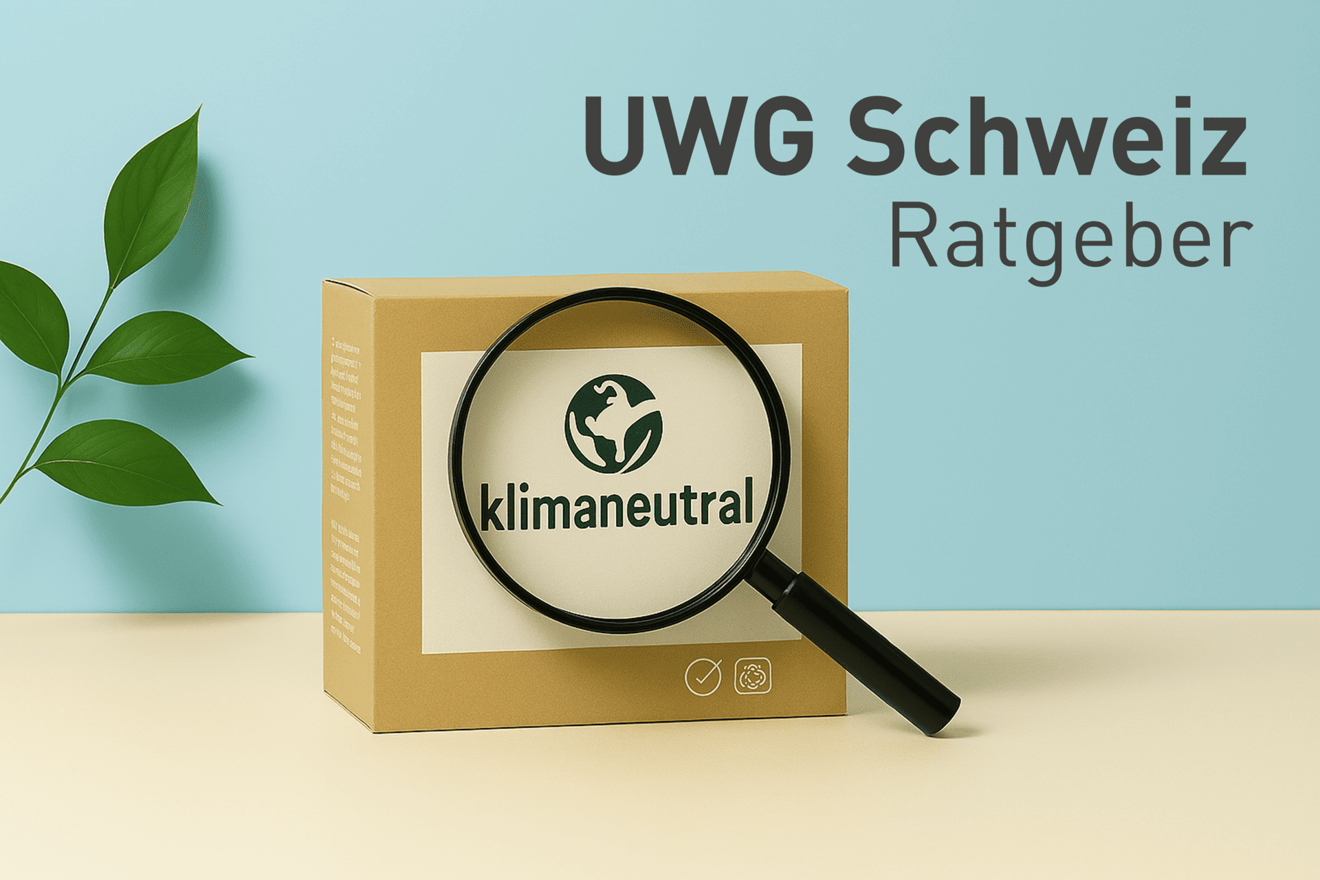 Verpackung mit ‚klimaneutral‘ unter einer Lupe – Symbol für die Prüfung von Umweltaussagen nach UWG Schweiz.